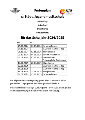 Ferienplan der Jugendmusikschule 2024/25